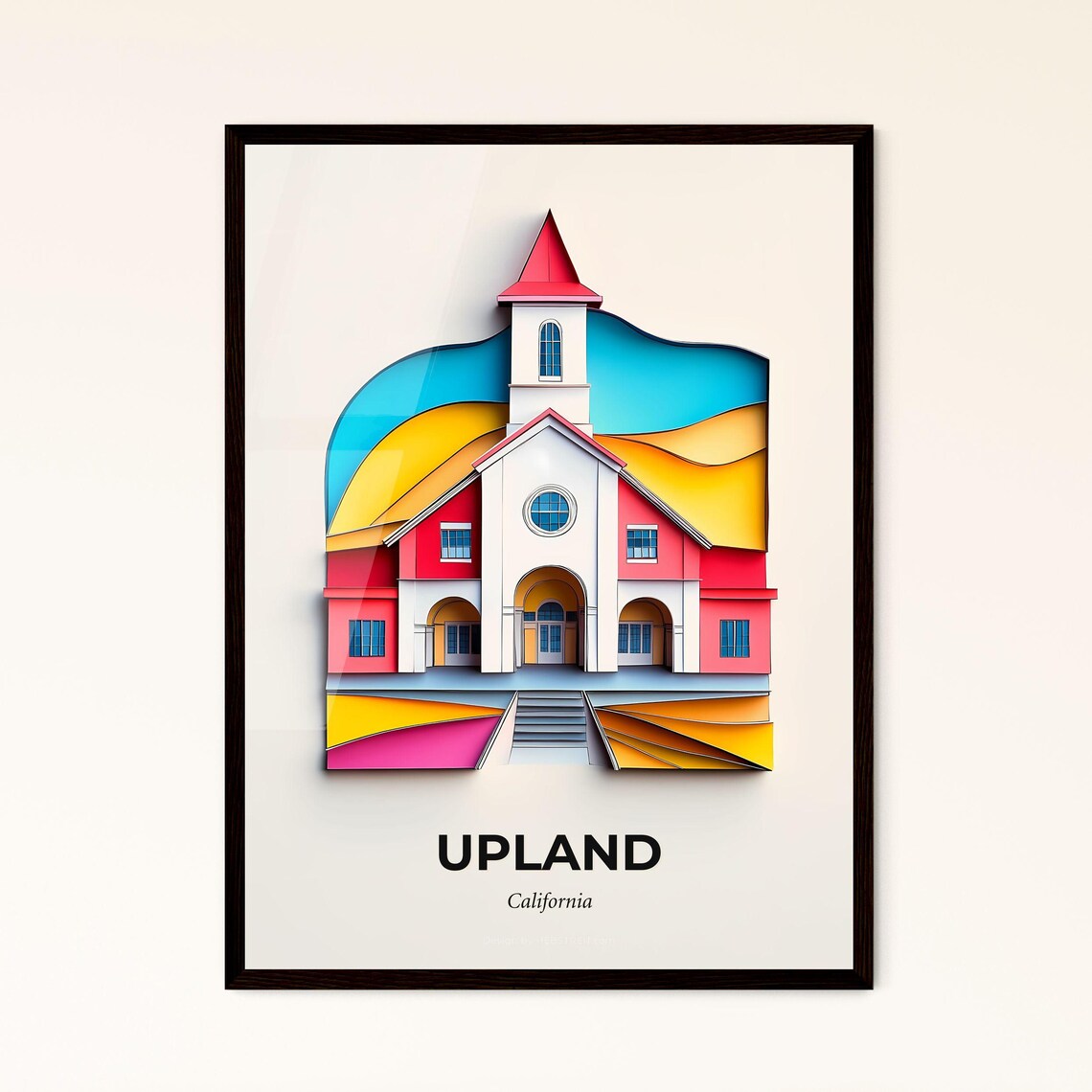 Upland California Red Church Steeple Vivid Paper Cut Art Poster