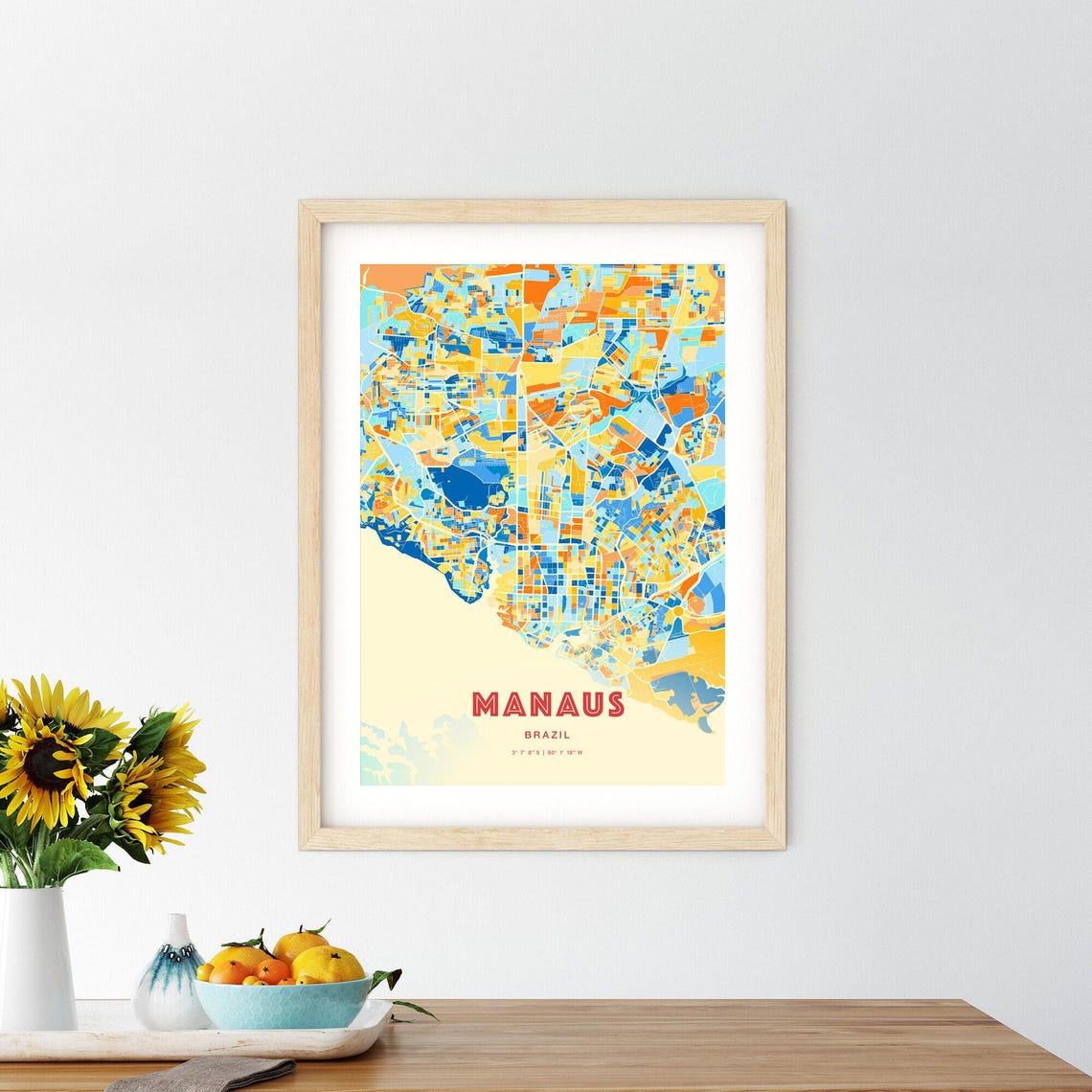 Manaus Brazil Bold Vibrant Blue Orange Mosaic City Map Poster - Image 2
