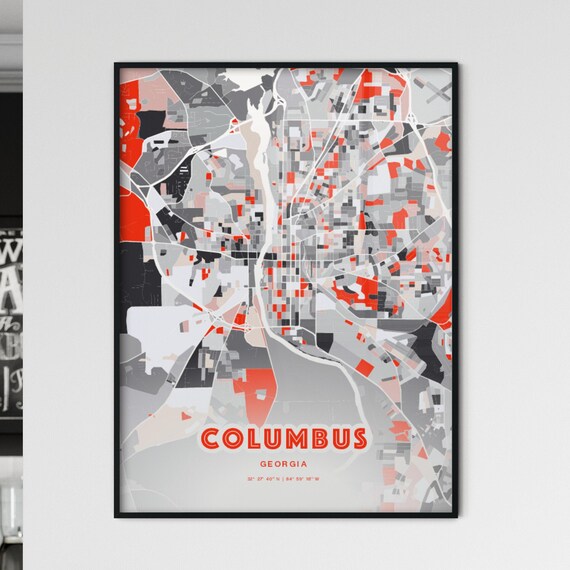 Columbus Georgia Modern Red Expressive City Map Poster with Coordinates