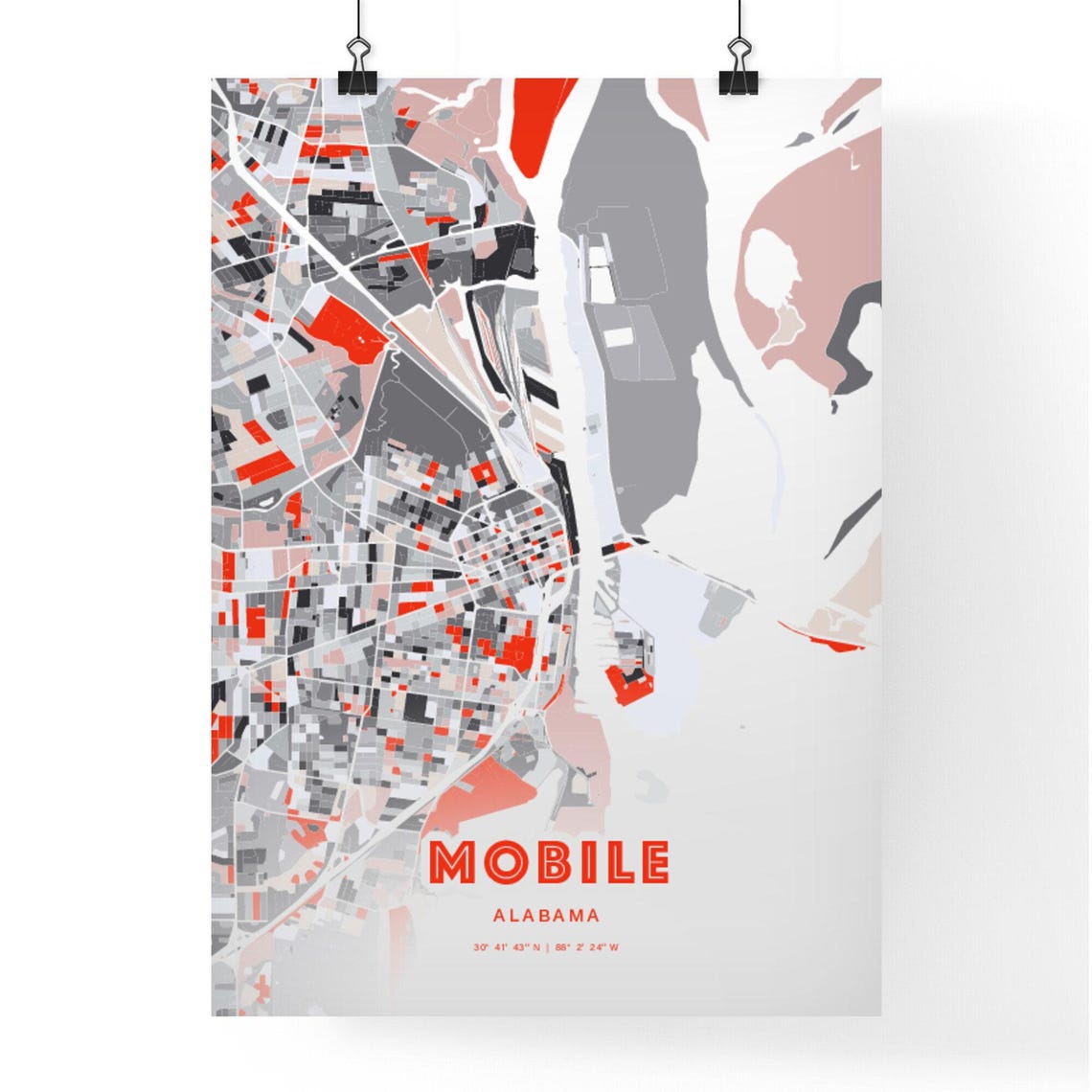 Mobile Alabama Modern Red Expressive City Map Poster with Coordinates - Image 3