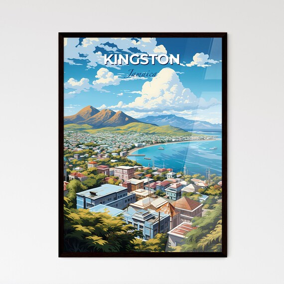 Kingston Jamaica Travel Poster Caribbean Coastal City Skyline Beach Art