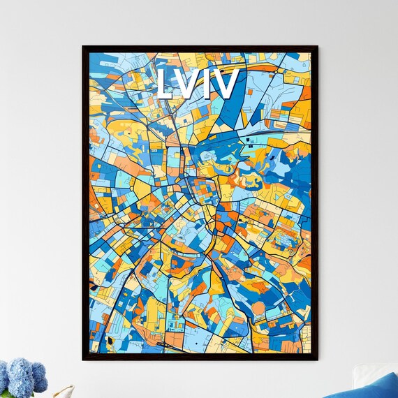 Lviv Ukraine Colorful Geometric City Map Art Poster in Blue and Orange