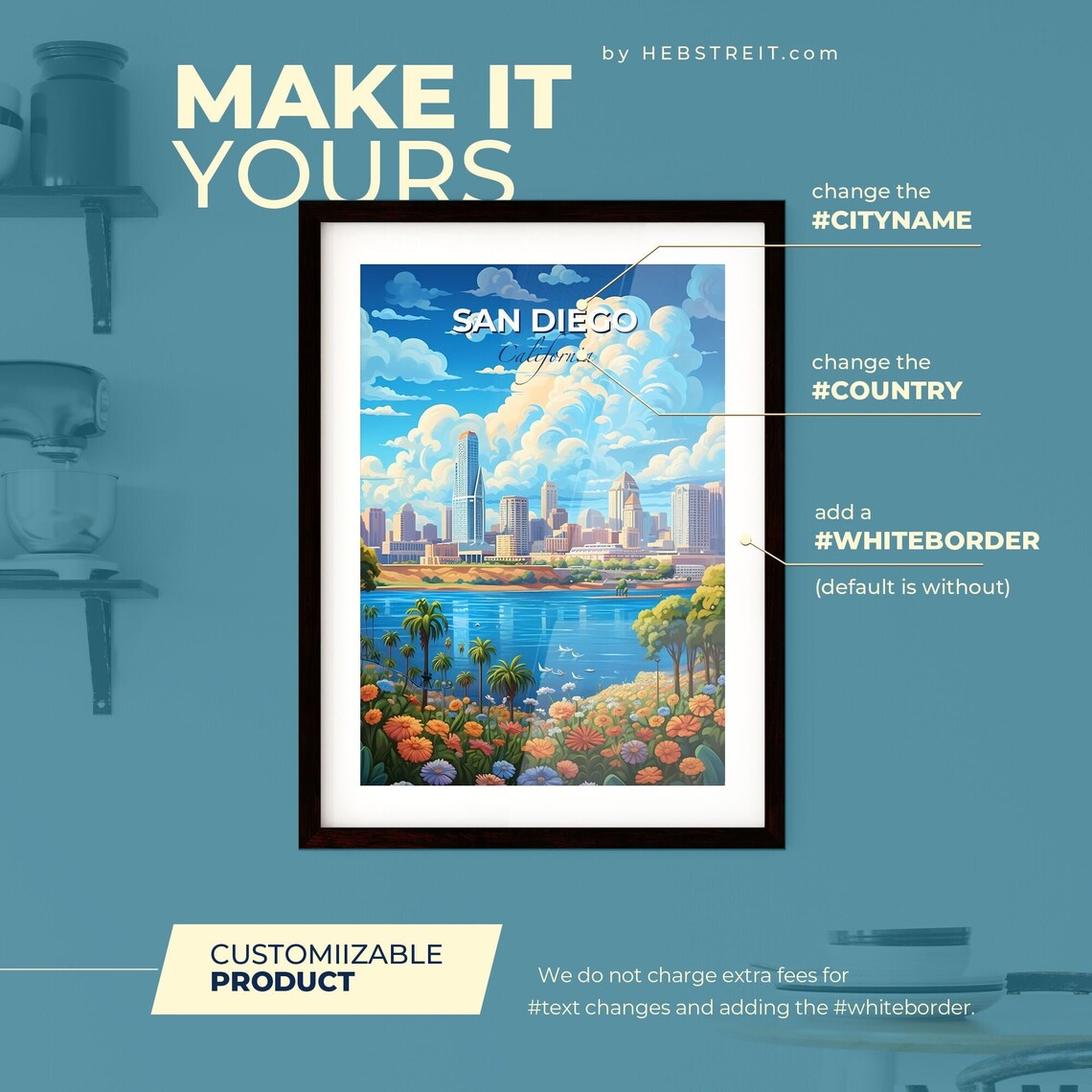 San Diego California Travel Poster Harbor Skyline Palm Flowers Illustration - Image 2