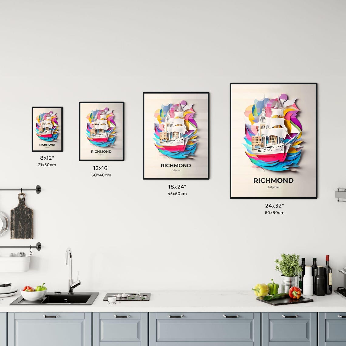 Richmond California Tall Ship Colorful Waves Paper Cut Poster - Image 3