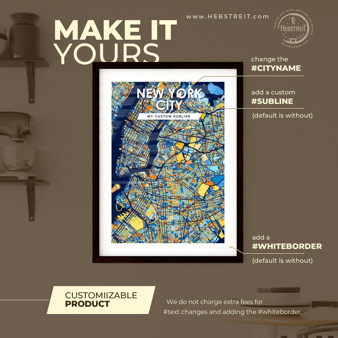 New York City New York Stylish Vibrant Blue and Orange Mosaic City Map Poster - Image 3