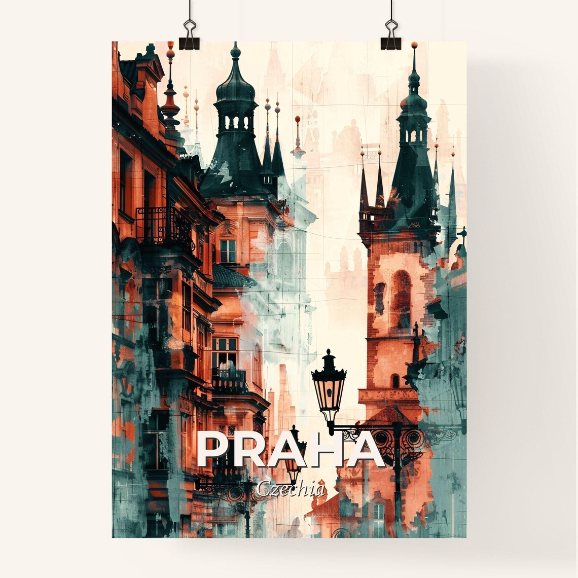 Praha Czechia Gothic Old Town Towers Street Watercolor Art Poster - Image 4