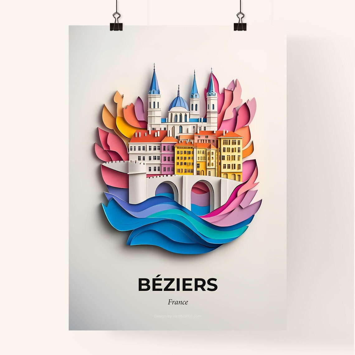 Beziers France Cathedral River Colorful Paper Cut Art Poster - Image 4