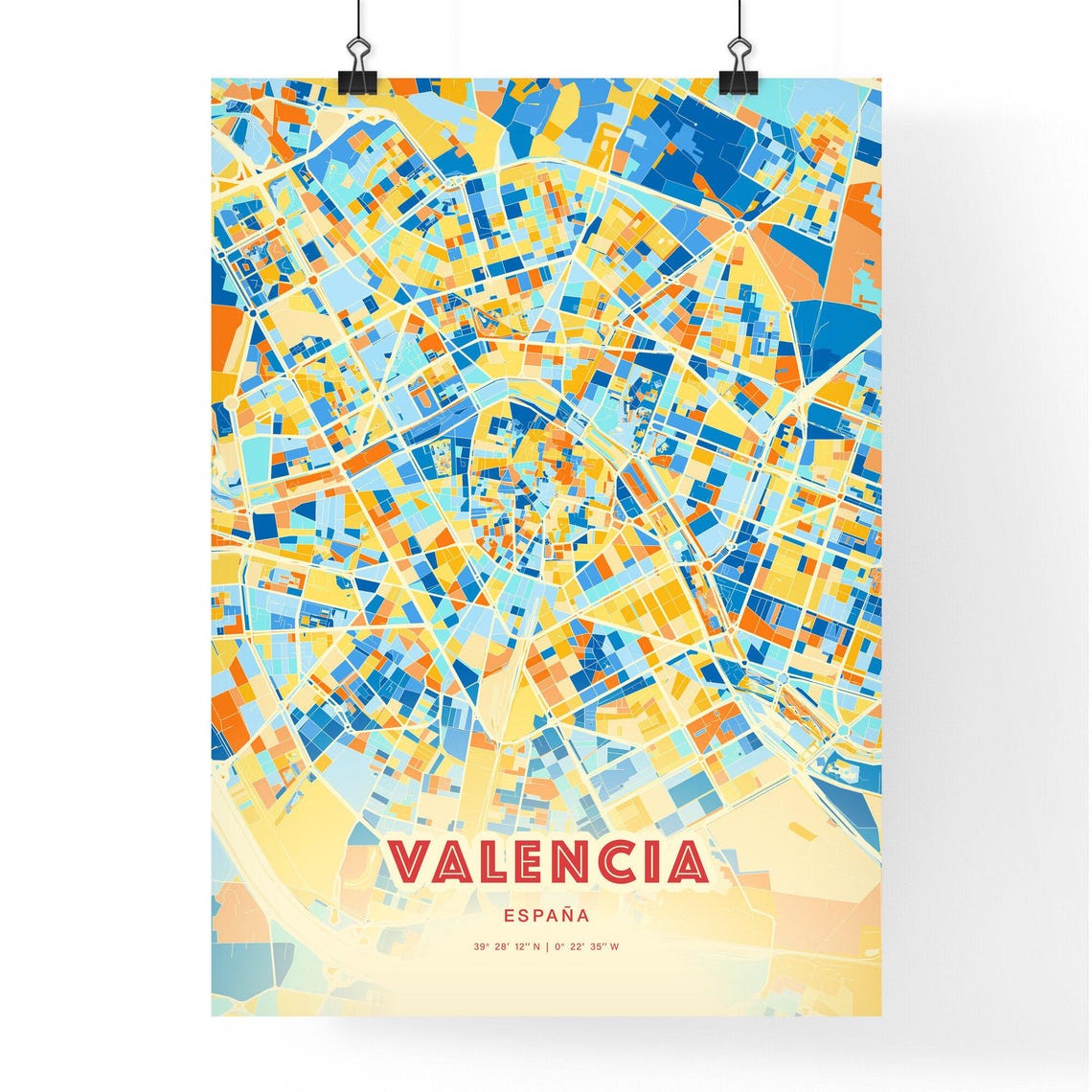 Valencia Spain Modern Geometric Blue Orange City Map Art Poster - Image 3