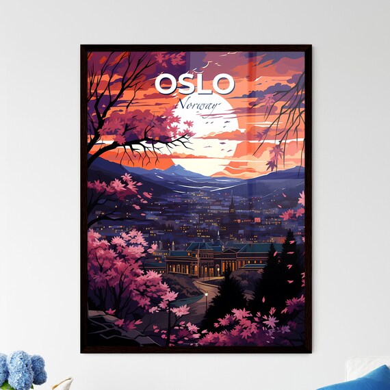 Vivid Oslo Norway Moonlit City Cherry Blossom Mountain Poster