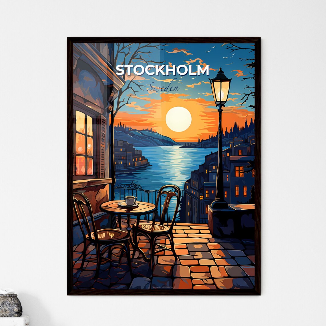 Stockholm Sweden Terrace Cafe Sunset Over Water Travel Poster