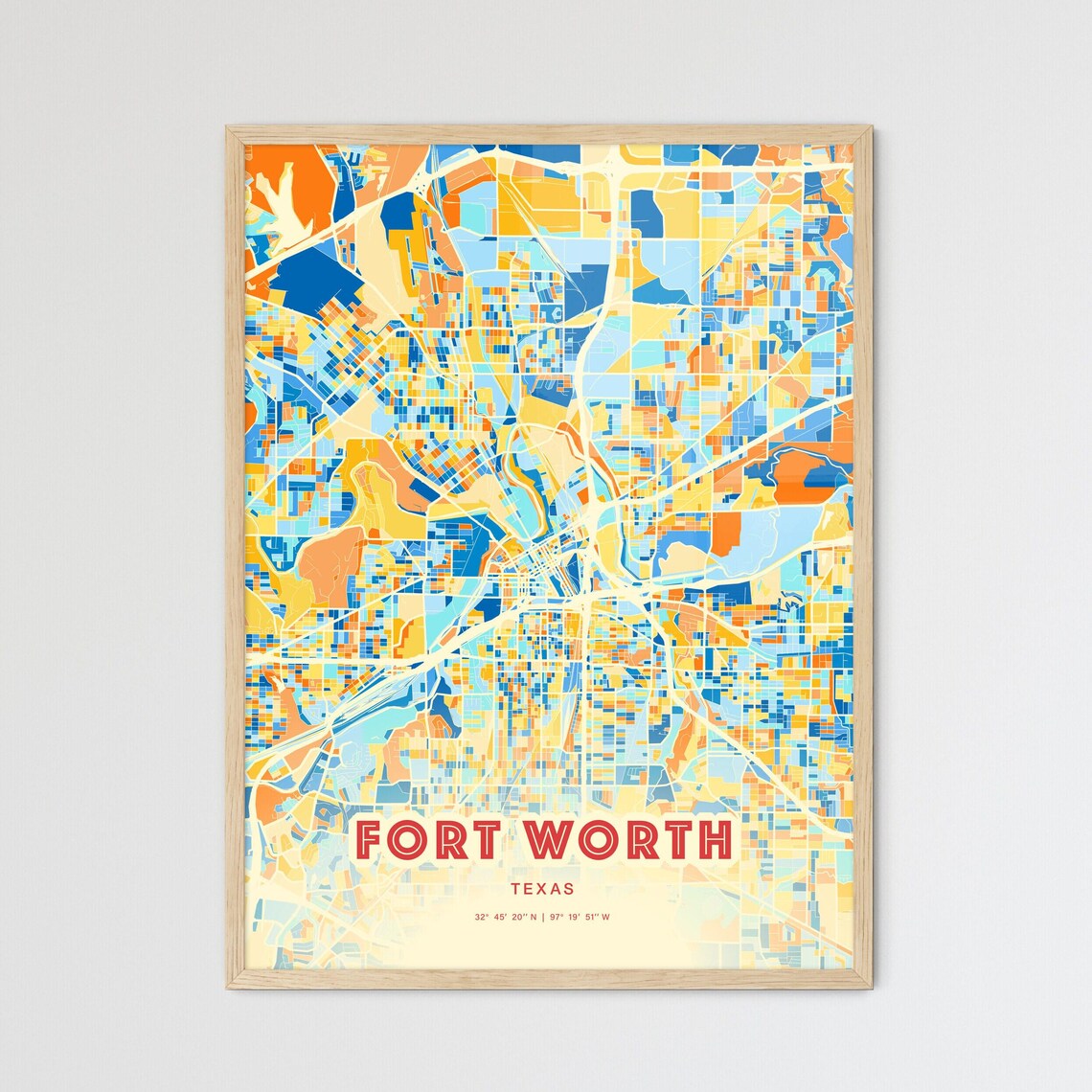 Fort Worth Texas Colorful City Map Art Poster Blue And Orange Grid Design