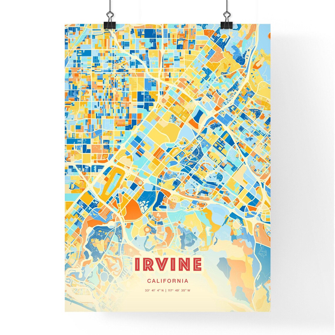 Irvine California Colorful Art Map Poster in Blue and Orange Mosaic - Image 3