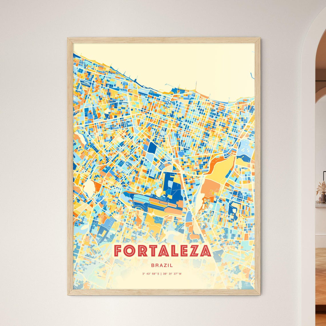 Fortaleza Brazil Vibrant Blue and Orange City Map Art Poster