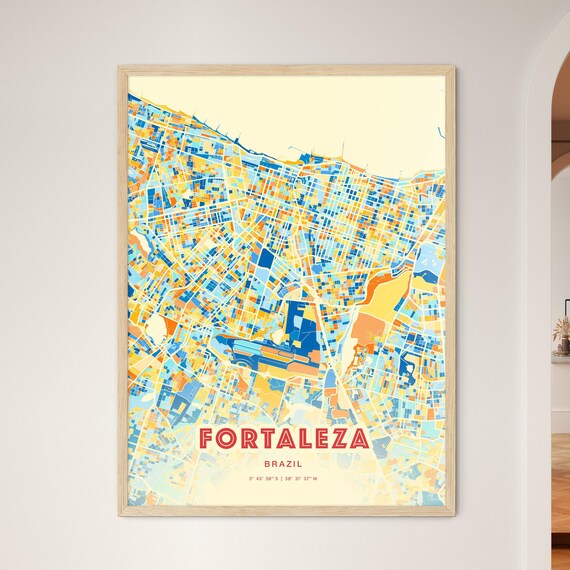 Fortaleza Brazil Vibrant Blue and Orange City Map Art Poster