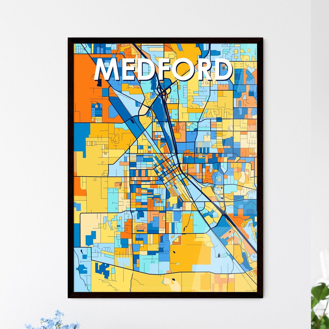 Vibrant Colorful City Map Art of Medford Oregon Poster for Home