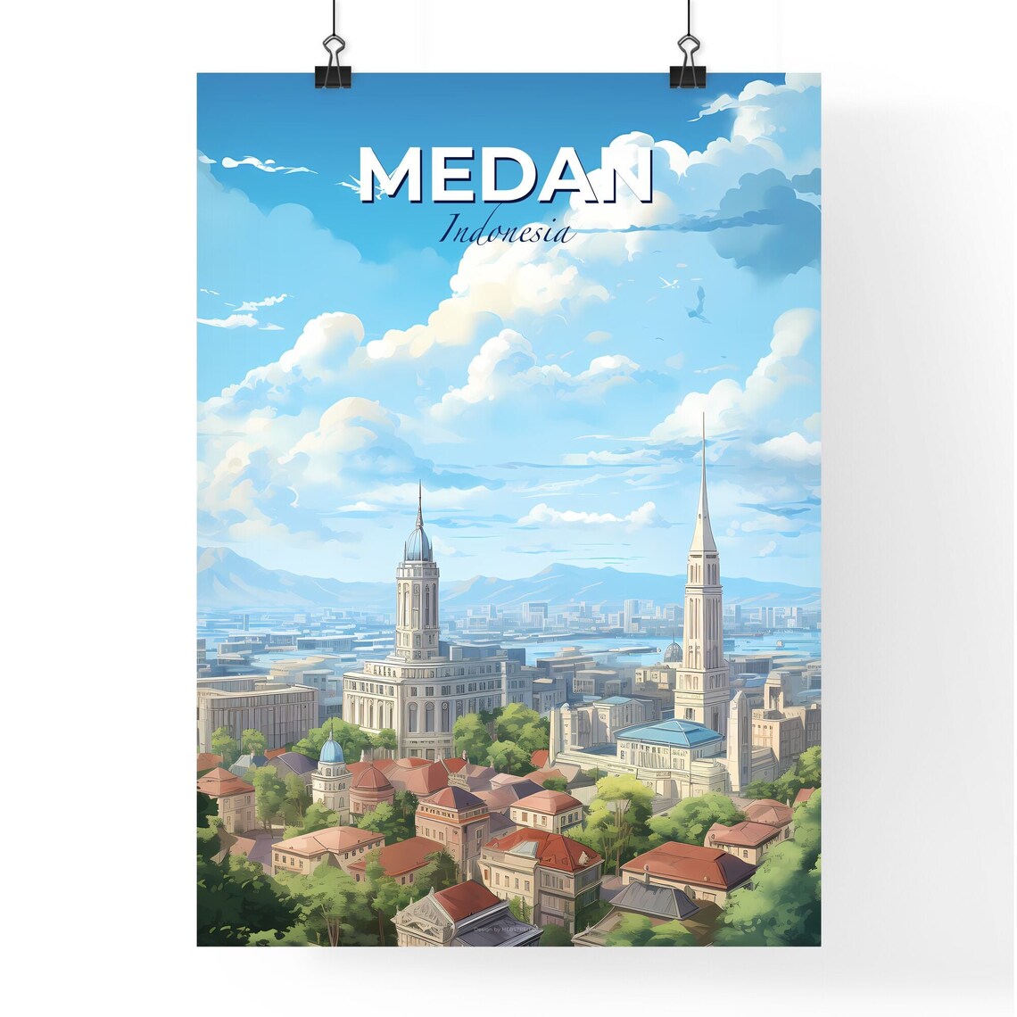 Medan Indonesia White Towers and Red Roofs over the Harbor Poster