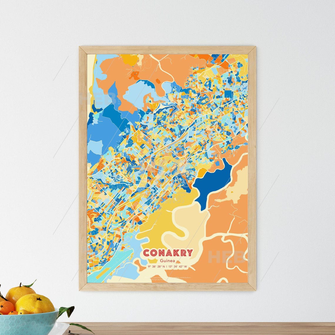 Conakry Guinea City Map Abstract Blue Orange Modern Art Print - Image 3