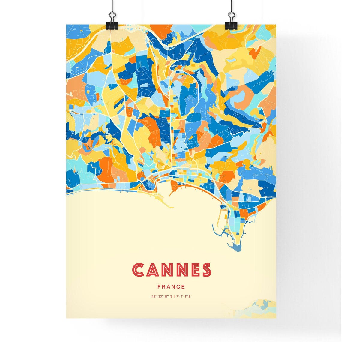 Cannes France Colorful Blue Orange Coastal Map Art Poster Decor - Image 3