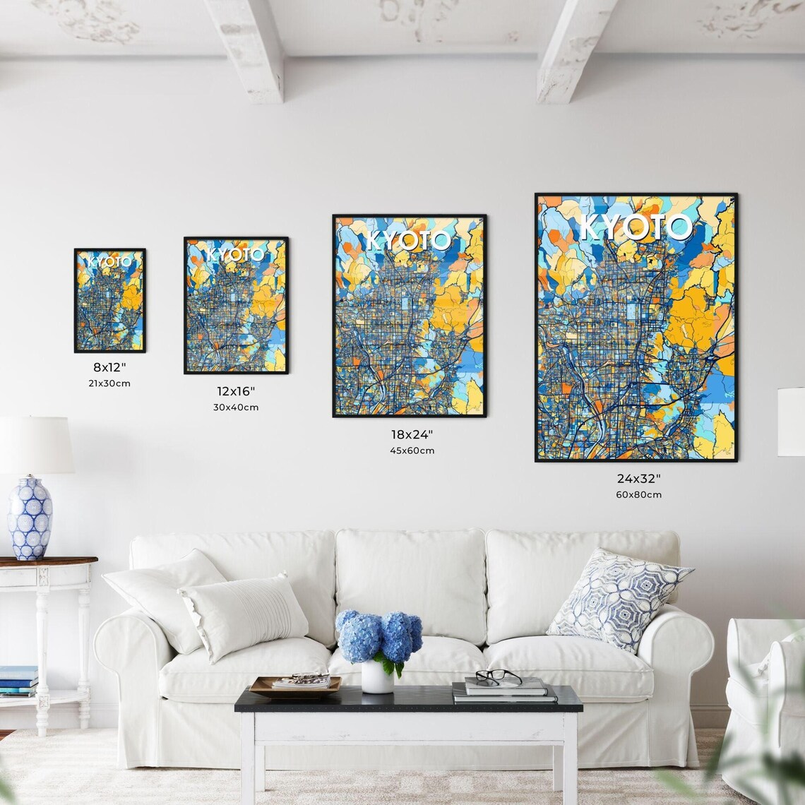 Kyoto Japan Stylish Vibrant Blue and Orange Mosaic City Map Poster - Image 3