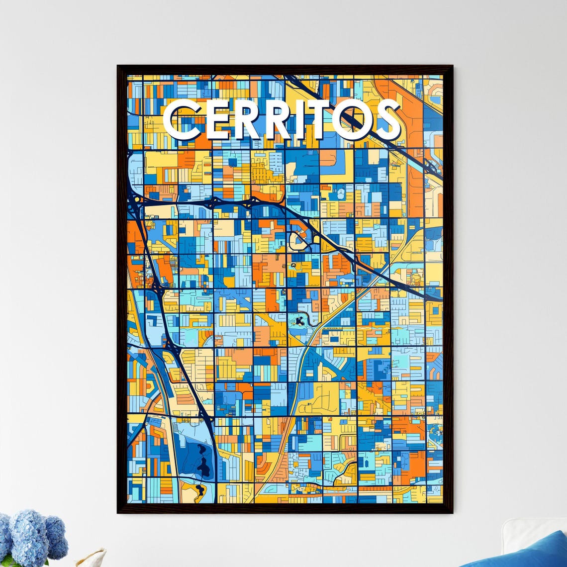 Cerritos California Vibrant Colorful Illustrated Street Map Art Poster