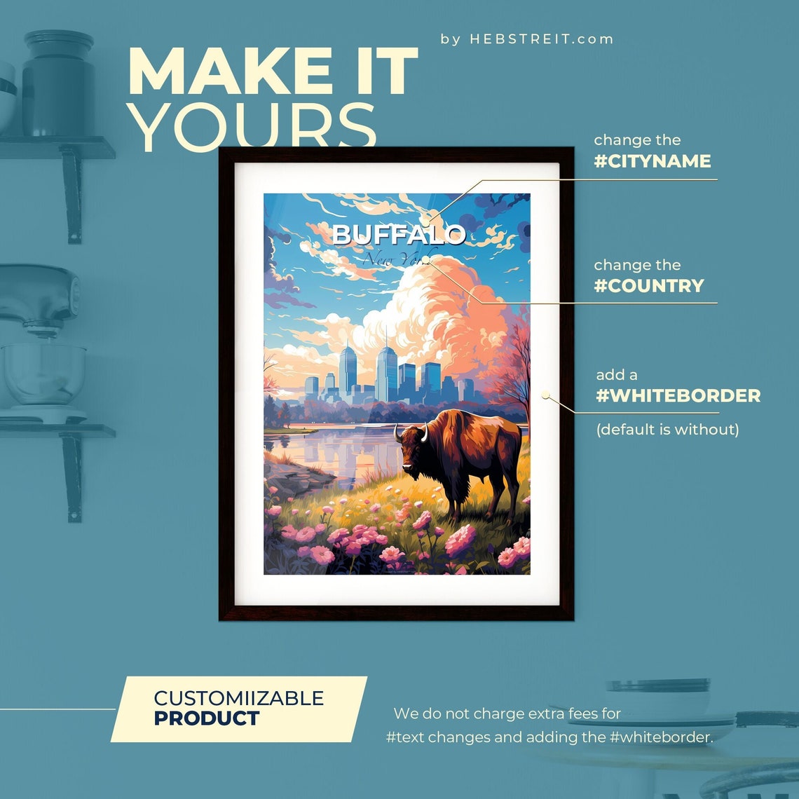 Buffalo New York Bison Skyline Sunset Cityscape Travel Poster - Image 2