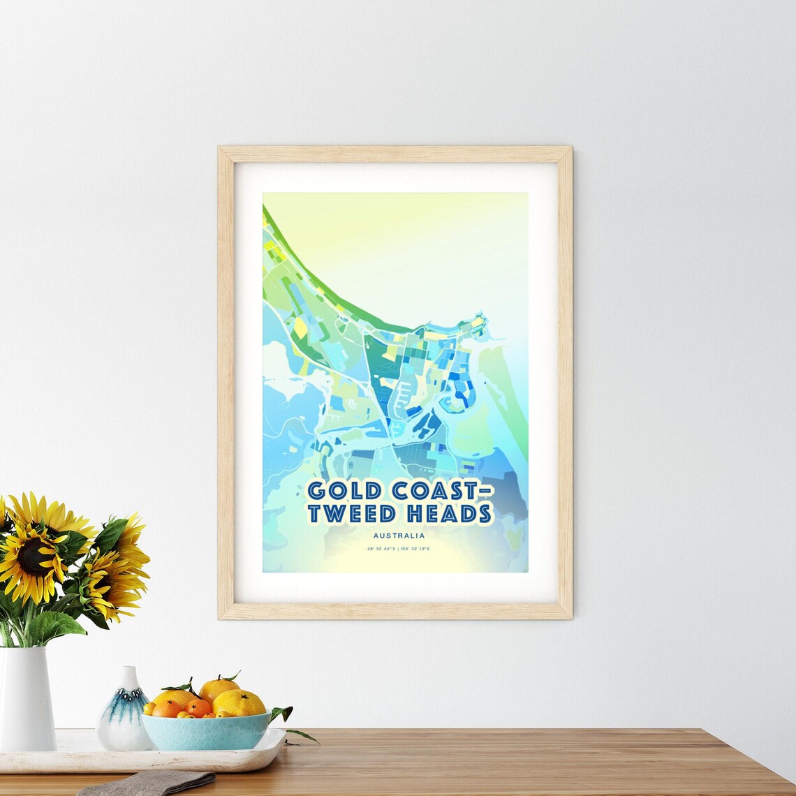 Gold Coast-Tweed Heads Australia Bluish Watercolor City Map Art Poster Wall Decor - Image 2