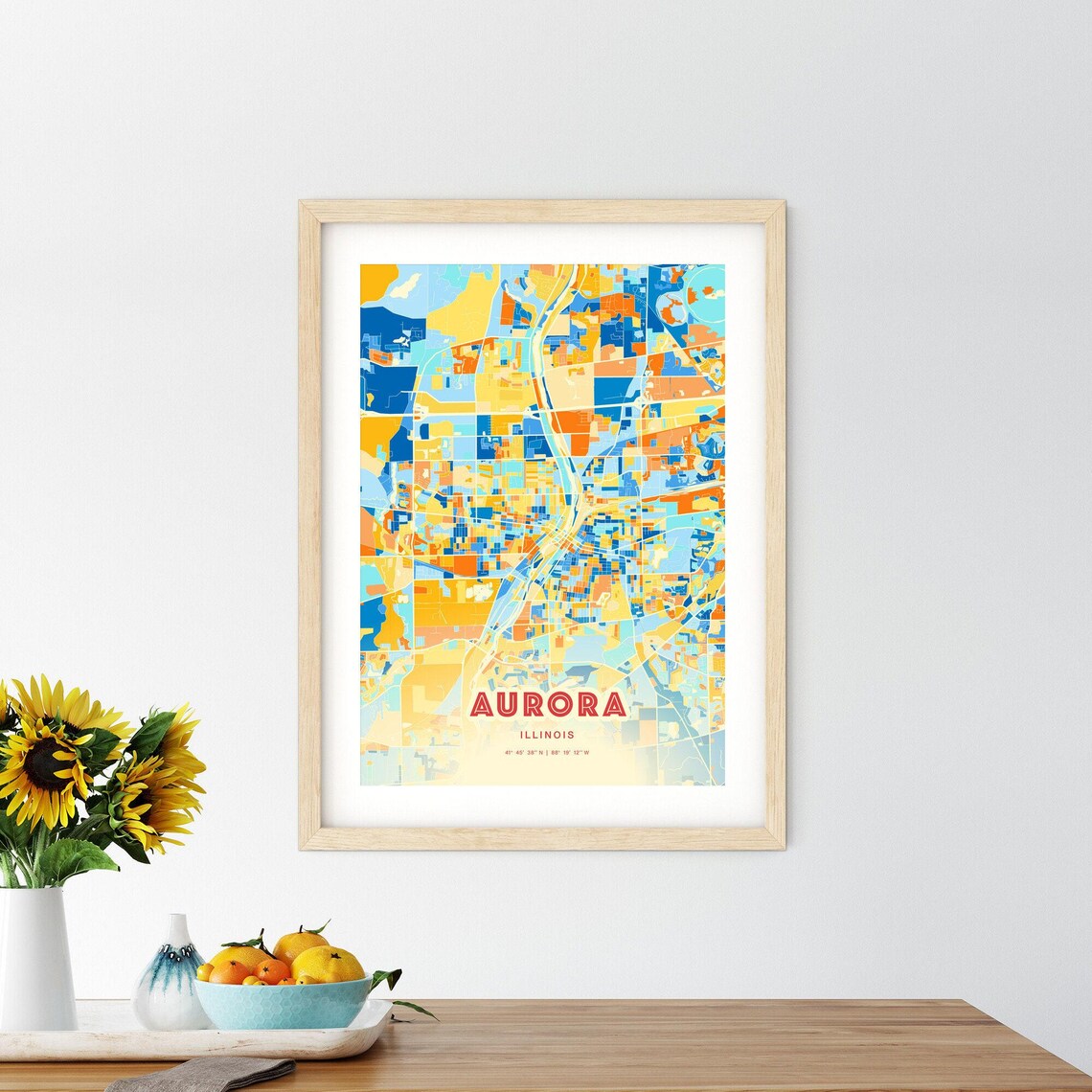 Aurora Illinois Colorful Blue Orange City Street Map Coordinates Poster - Image 2