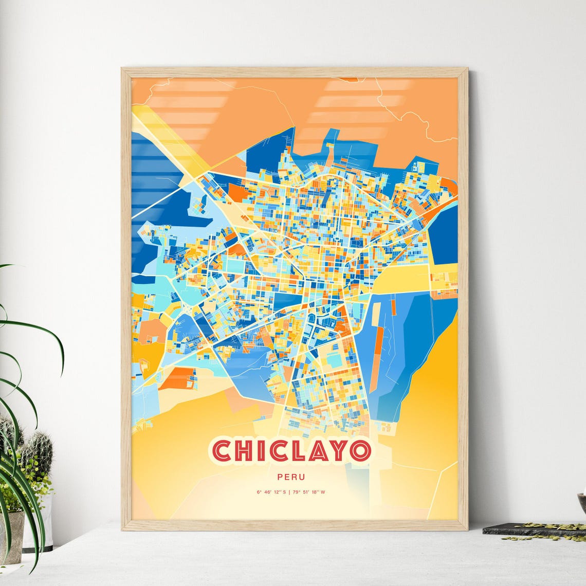 Chiclayo Peru Bold Vibrant Blue Orange Mosaic City Map Poster