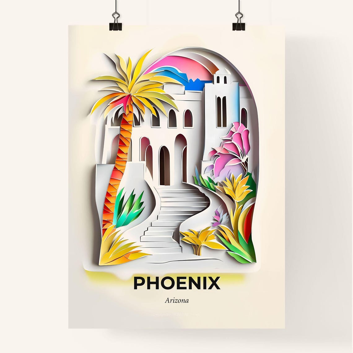 Phoenix Arizona Desert Palm Mission Architecture Papercut Poster - Image 4