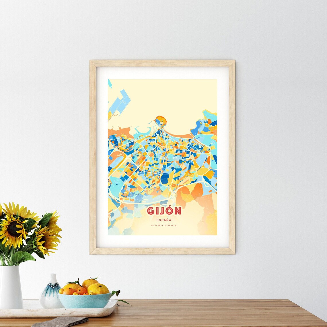 Gijon Spain Colorful Blue Orange Coastal Bay City Map Art Print - Image 2