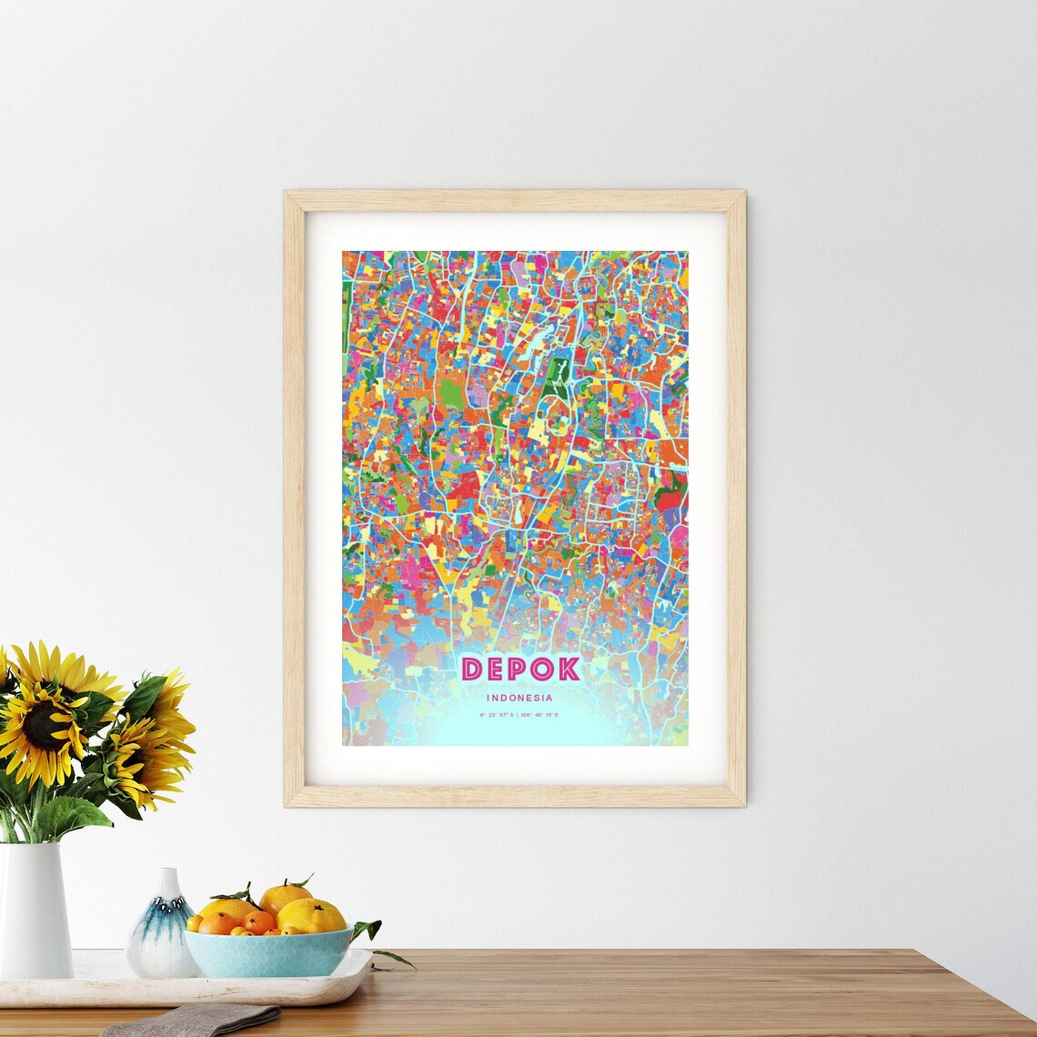 Depok Indonesia Rainbow City Map Poster Vibrant Colorful Street Grid Art - Image 2