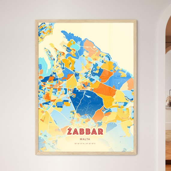 Zabbar Malta Colorful City Map Poster Blue Orange Island Wall Decor