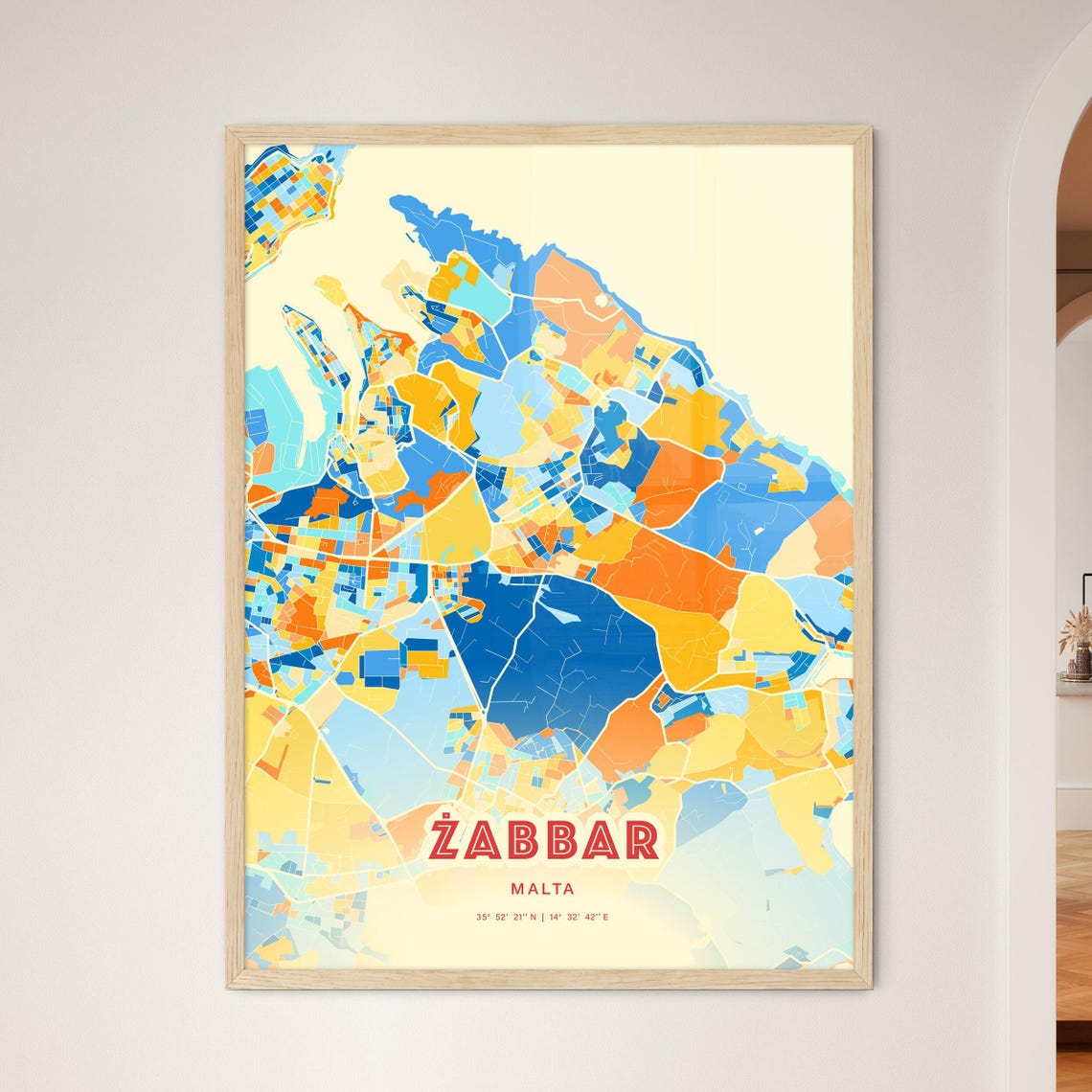 Zabbar Malta Colorful City Map Poster Blue Orange Island Wall Decor