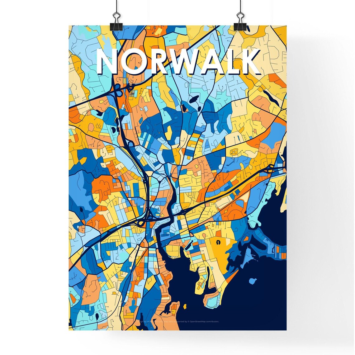 Norwalk Connecticut Stylish Vibrant Blue and Orange Mosaic City Map Poster - Image 4