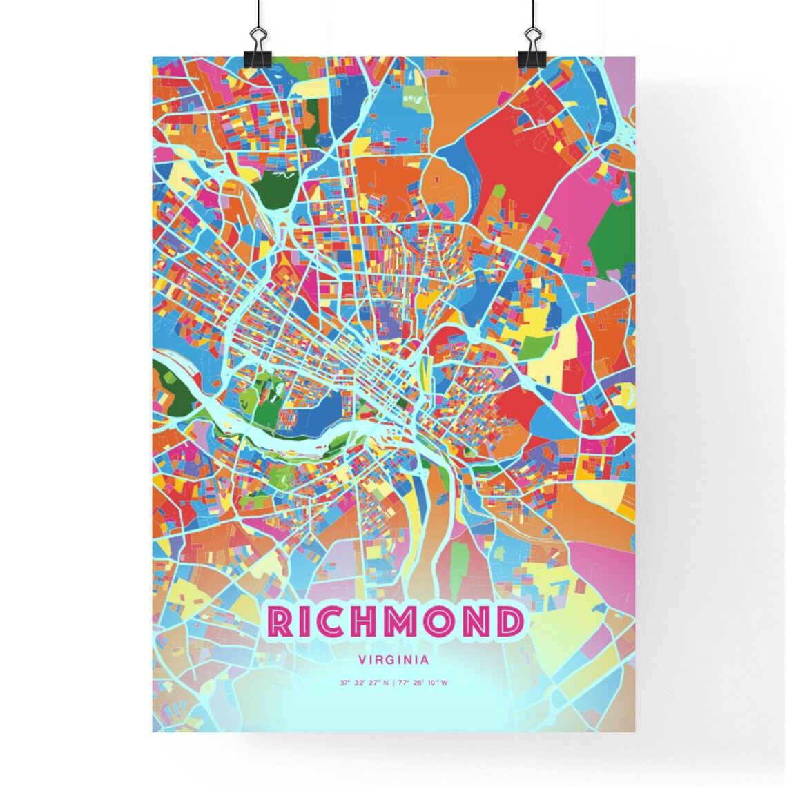Richmond Virginia Colorful City Map Art Poster in Pink and Turquoise - Image 3