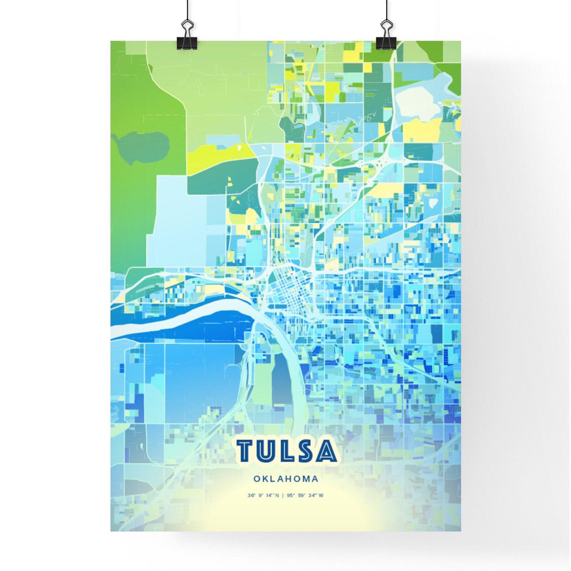 Tulsa Oklahoma Bluish Watercolor Modern Decorative City Map Art Poster - Image 3