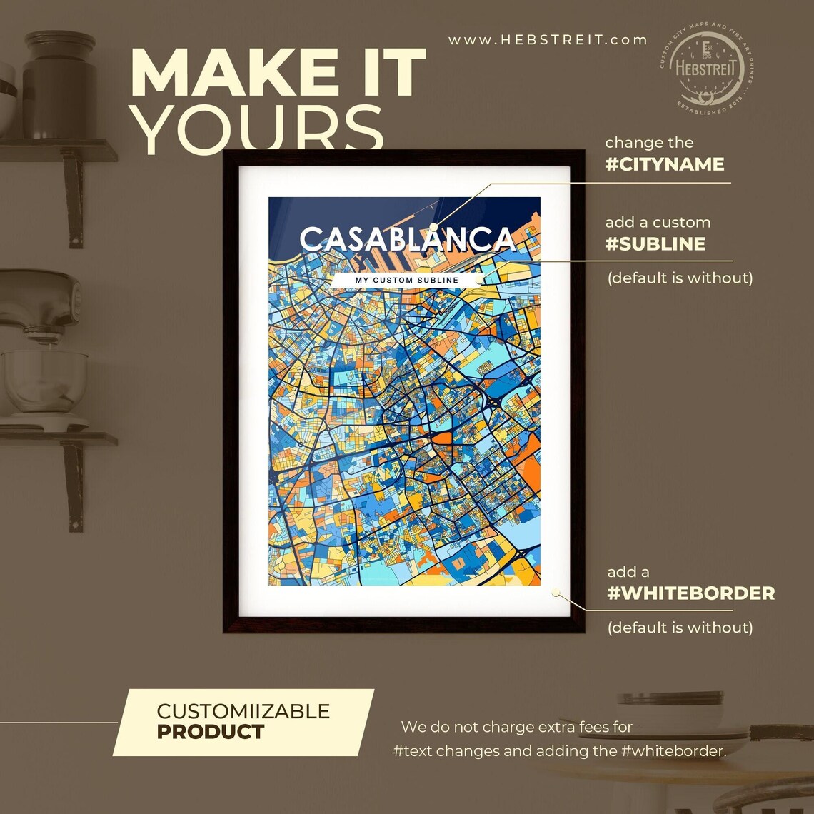 Casablanca Colorful City Street Map in Blue and Orange Poster - Image 2