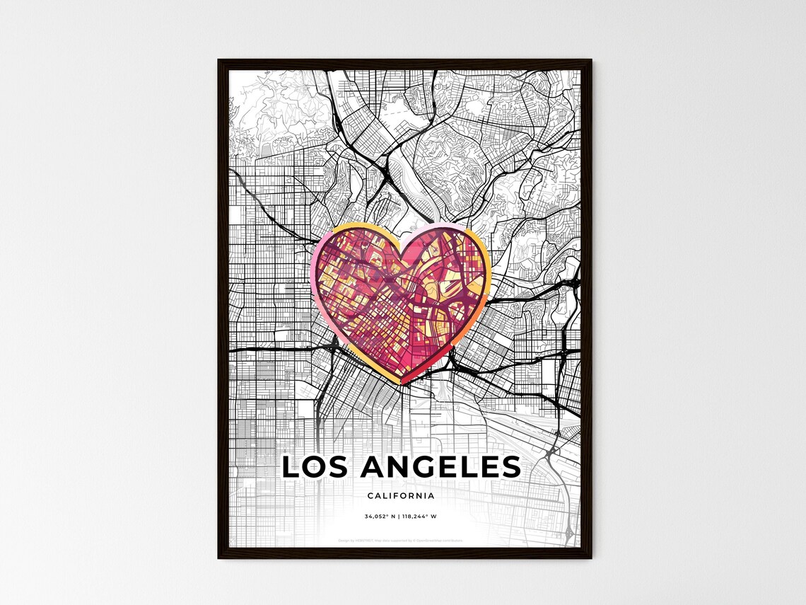 Los Angeles California Minimal City Map Colorful Heart Icon Art Poster