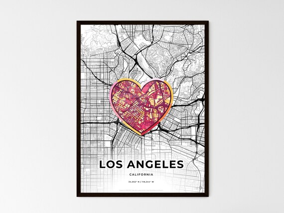 Los Angeles California Minimal City Map Colorful Heart Icon Art Poster