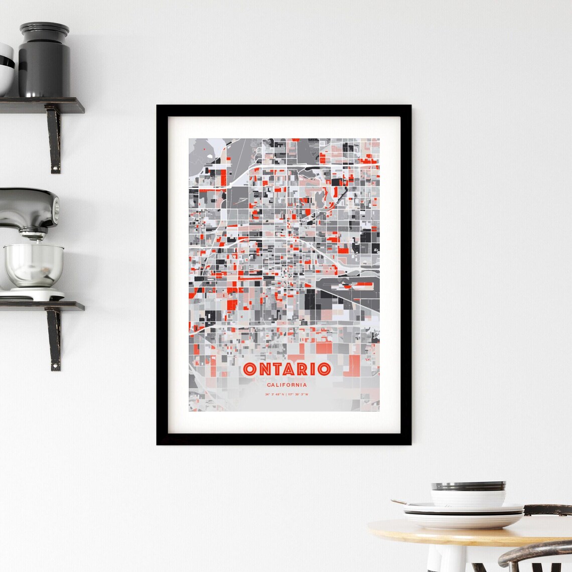 Ontario California City Map Art Modern Red Gray Decor Poster - Image 2