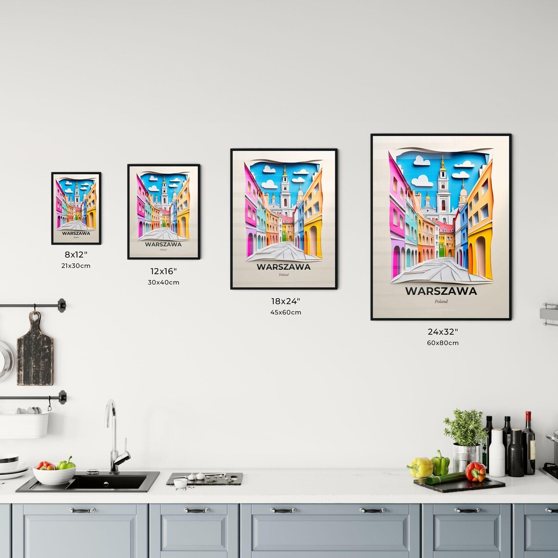 Warsaw Poland Colorful Paper Cut Old Town Street Travel Poster - Image 3