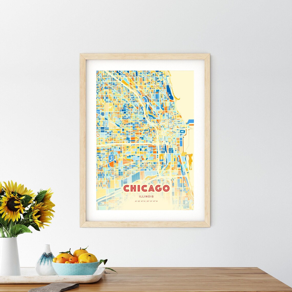 Chicago Illinois Bold Vibrant Blue Orange Mosaic City Map Poster - Image 2