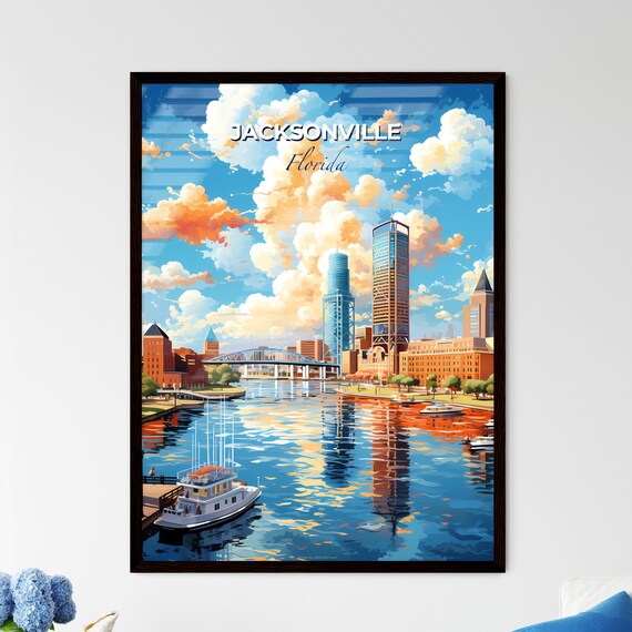 Jacksonville Florida River Bridge Boats Downtown Skyline Poster