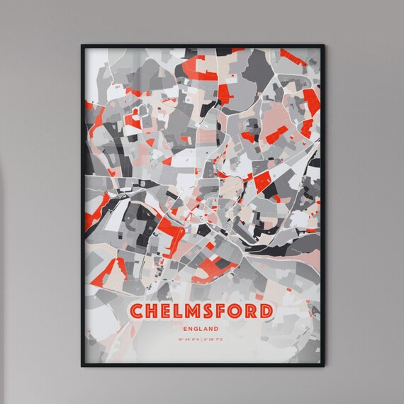 Chelmsford England Modern Red Expressive City Map Poster with Coordinates