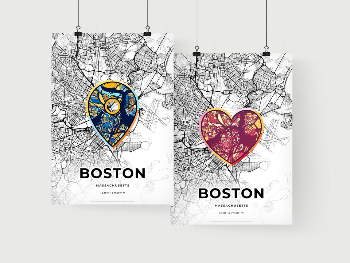 Boston Massachusetts Minimal Map Art With Colorful Heart Icon Poster - Image 2