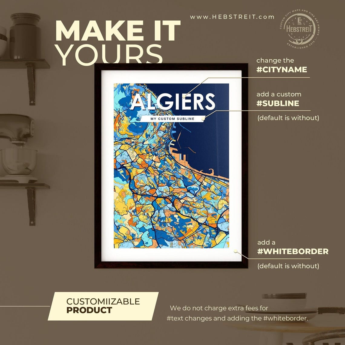 Algiers Algeria Vibrant Colorful City Map Art Print Home Decor - Image 2