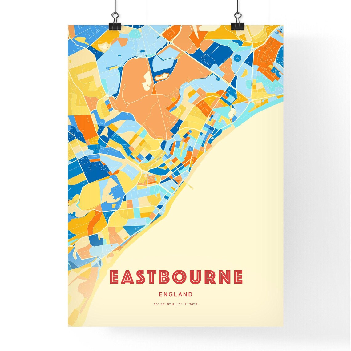 Eastbourne England City Map Art Poster in Bold Blue and Orange - Image 3
