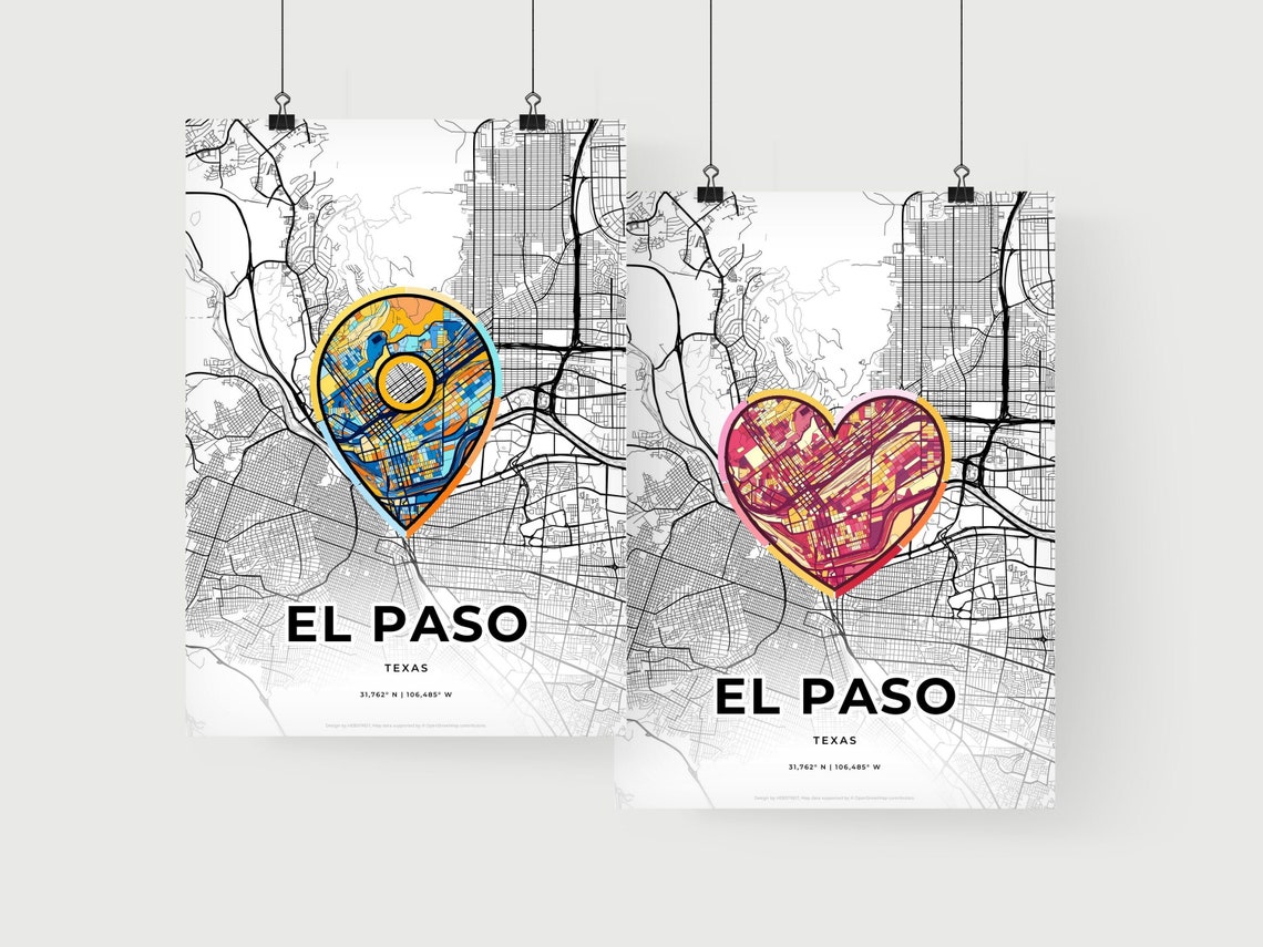 El Paso Texas Minimal Map Art With Colorful Heart Icon Poster - Image 2