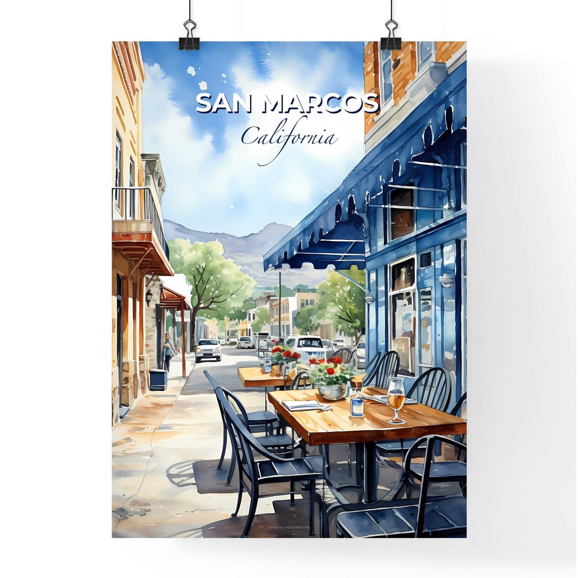 San Marcos California Watercolor Sidewalk Cafe Street Scene Poster - Image 4