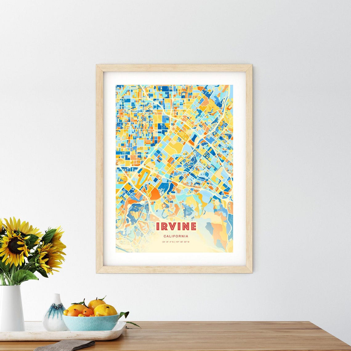 Irvine California Colorful Art Map Poster in Blue and Orange Mosaic - Image 2